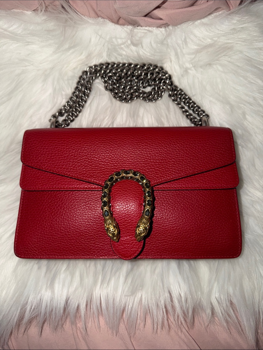 Gucci Medium Dionysus Hibiscus Red & Gold Swarovski Tiger Emblem Bag